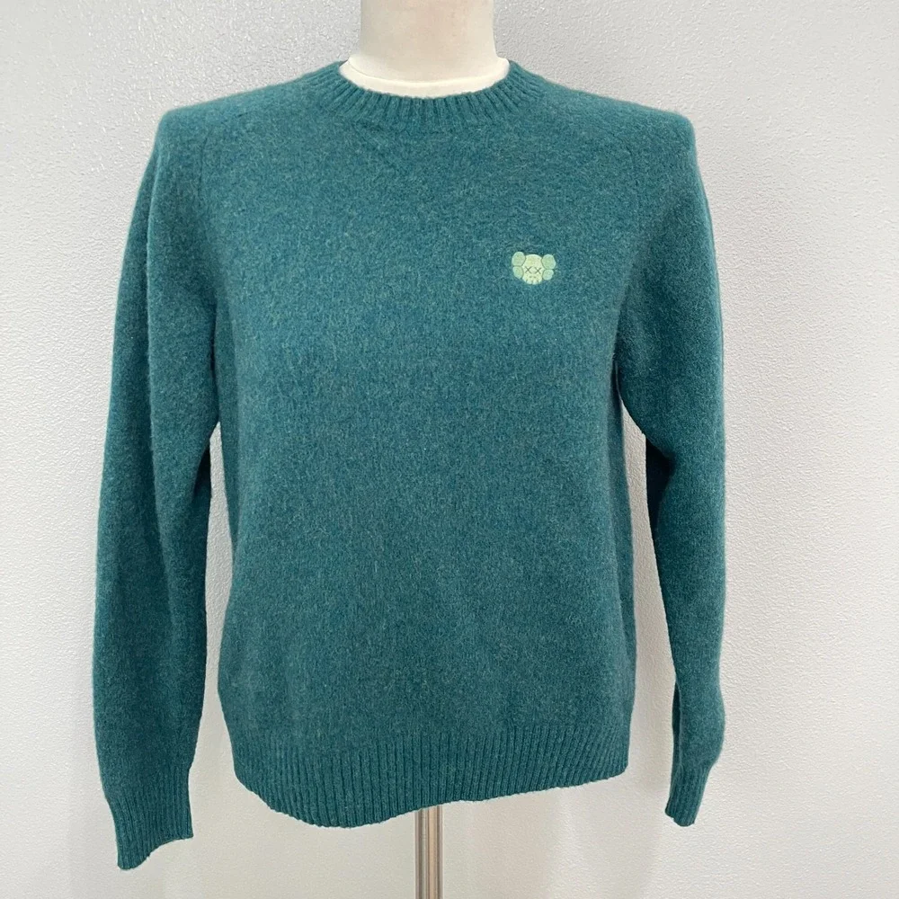Uniqlo Kaws Women's Men Unisex Crewneck Sweater Small Medium Green 100% Wool LS